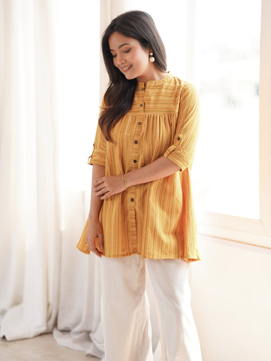 Mustard Cotton Woven Design Gathered Tunic