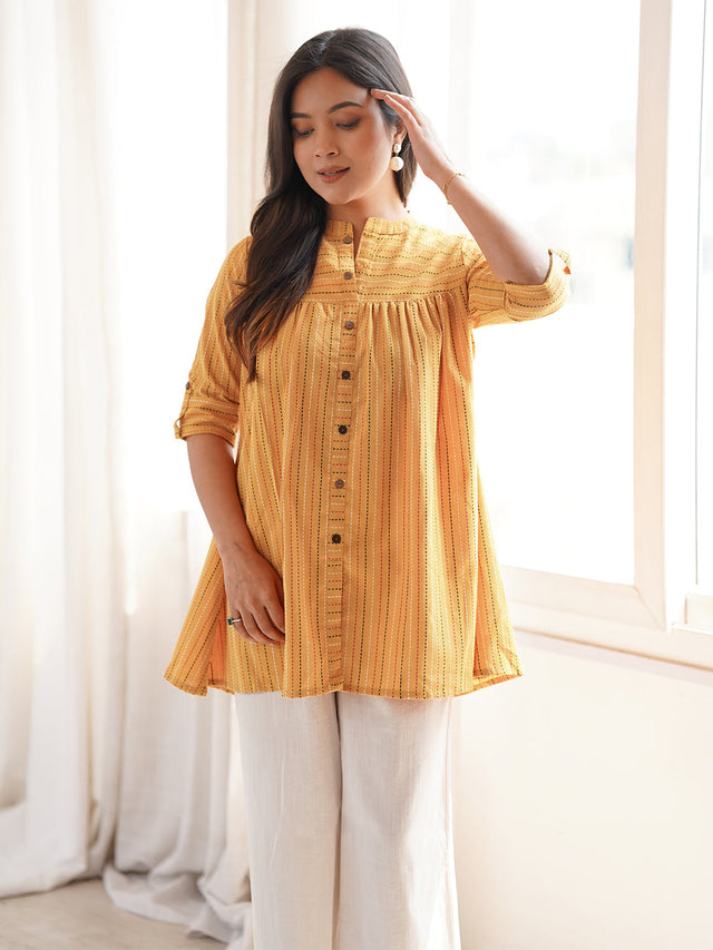 Mustard Cotton Woven Design Gathered Tunic
