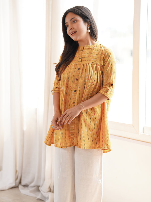 Mustard Cotton Woven Design Gathered Tunic