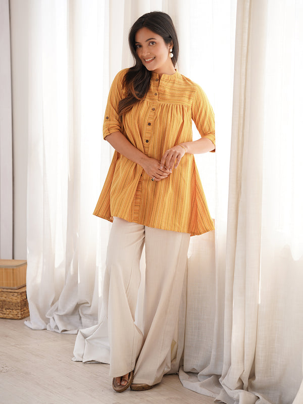 Mustard Cotton Woven Design Gathered Tunic