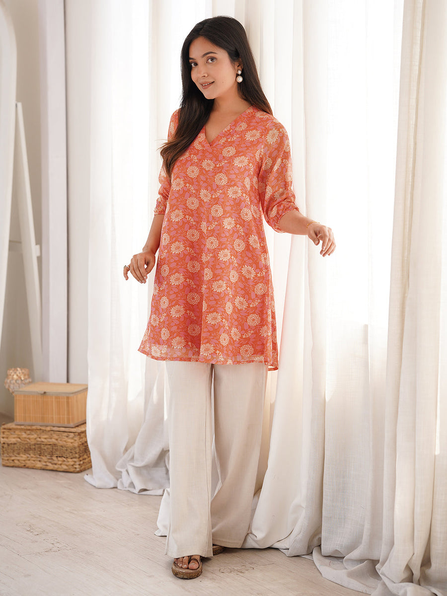 Orange Georgette Floral Regular Tunic