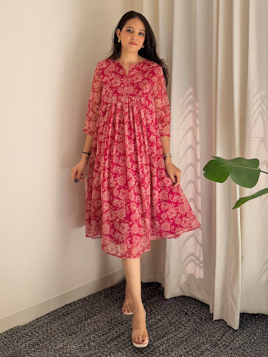 Women's Dark Pink Chiffon Lurex Floral Printed Flared Kurta