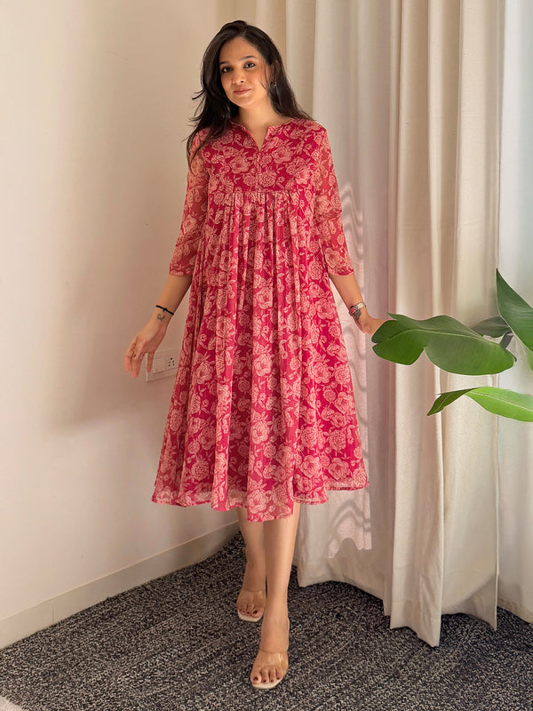 Women's Dark Pink Chiffon Lurex Floral Printed Flared Kurta