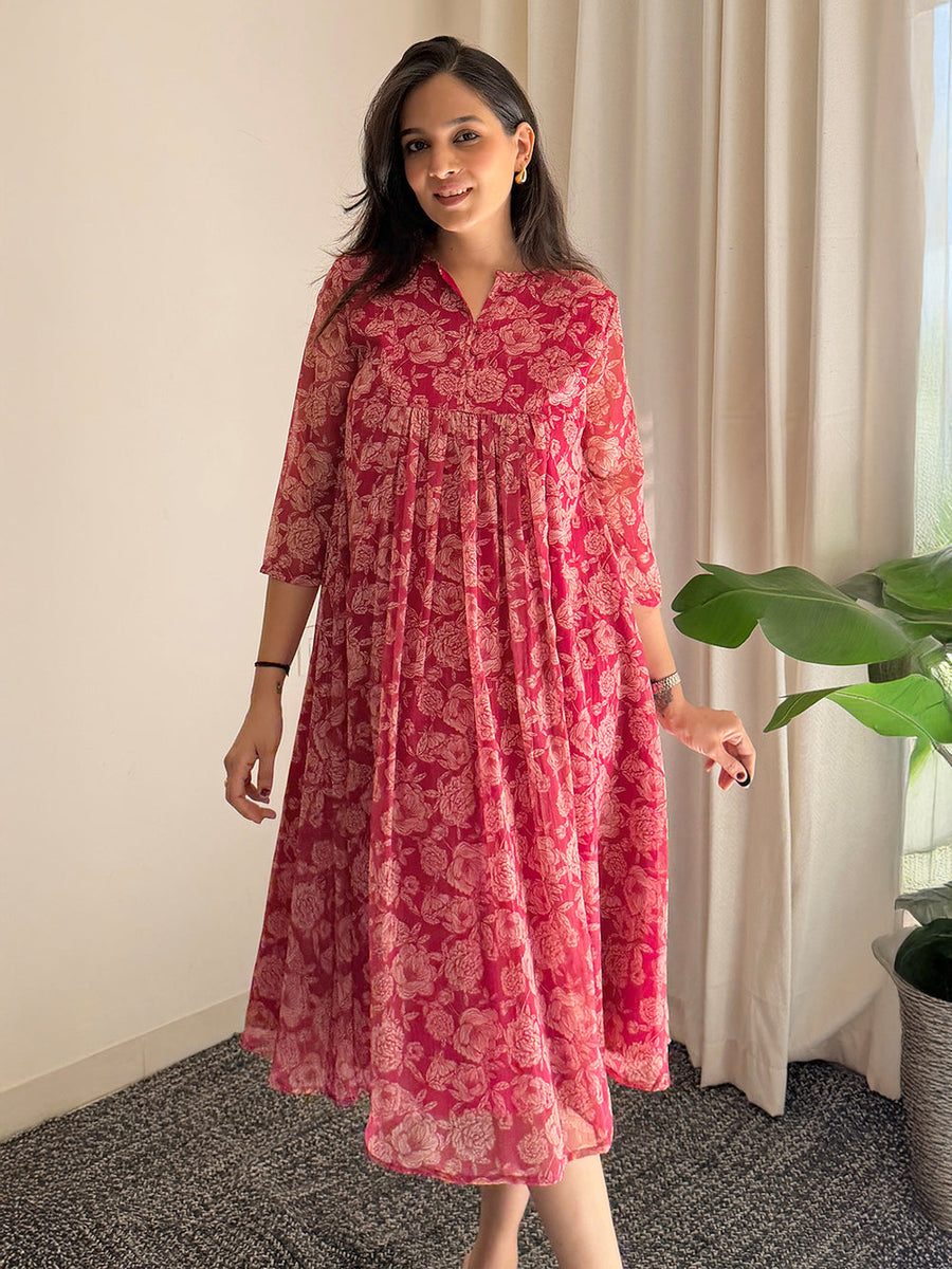 Women's Dark Pink Chiffon Lurex Floral Printed Flared Kurta