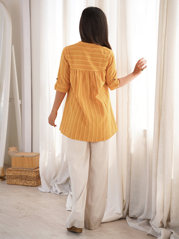 Mustard Cotton Woven Design Gathered Tunic