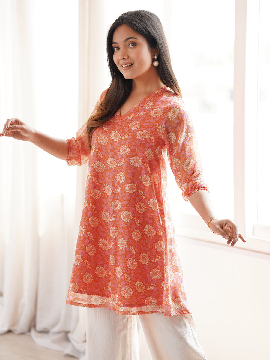 Orange Georgette Floral Regular Tunic