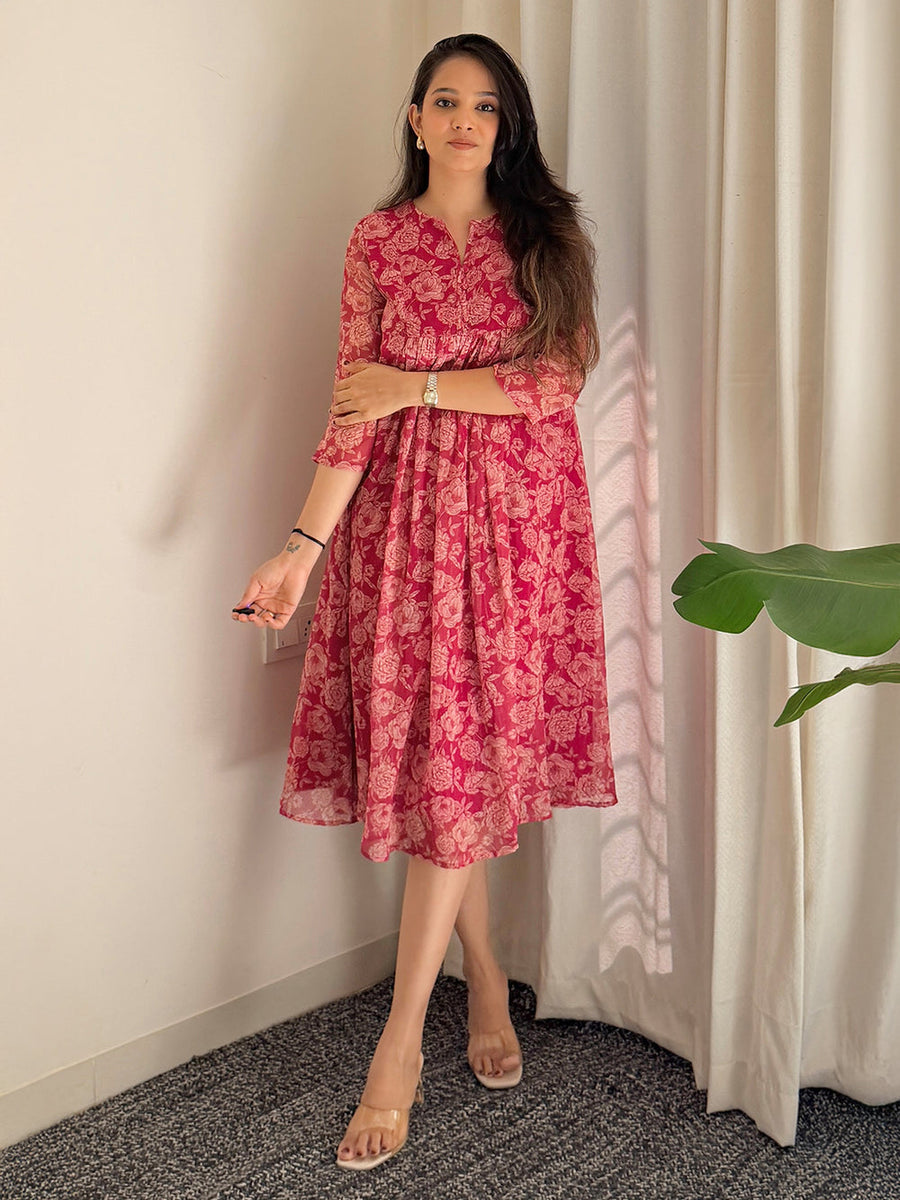 Women's Dark Pink Chiffon Lurex Floral Printed Flared Kurta
