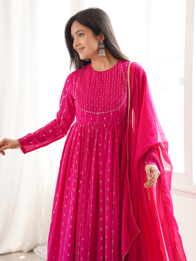 Pink Georgette Foil Printed Anarkali Kurta Set