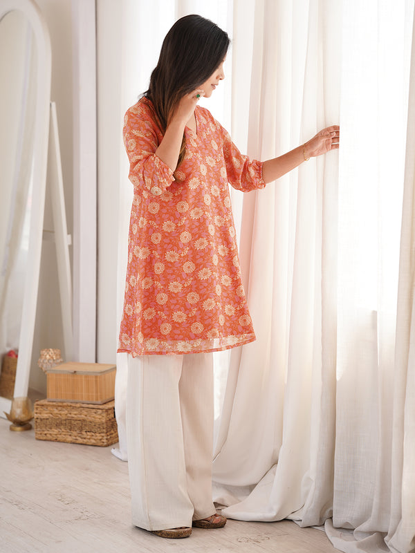 Orange Georgette Floral Regular Tunic