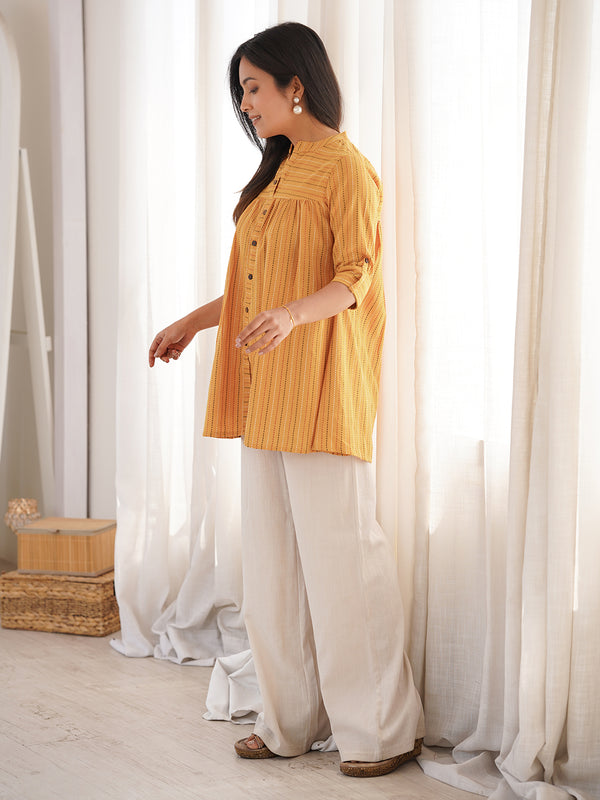 Mustard Cotton Woven Design Gathered Tunic