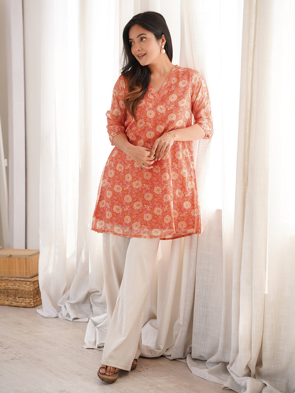 Orange Georgette Floral Regular Tunic