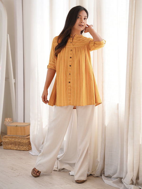 Mustard Cotton Woven Design Gathered Tunic