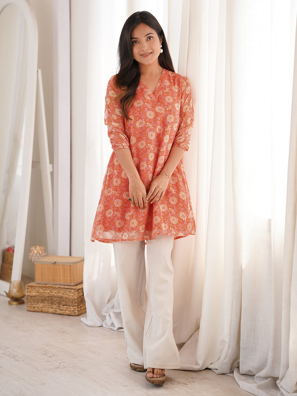 Orange Georgette Floral Regular Tunic