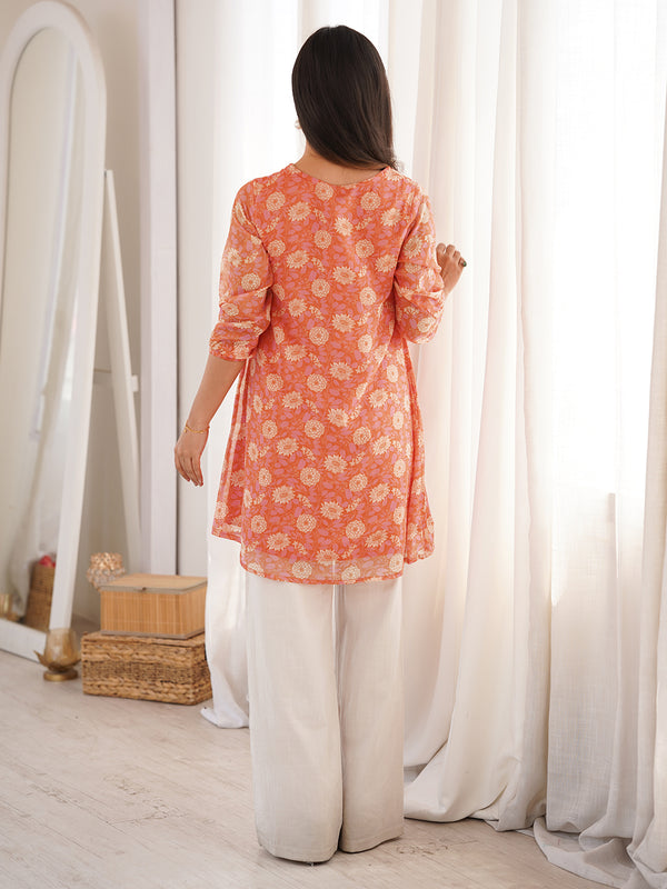 Orange Georgette Floral Regular Tunic