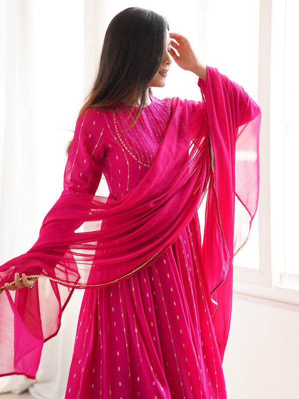 Pink Georgette Foil Printed Anarkali Kurta Set