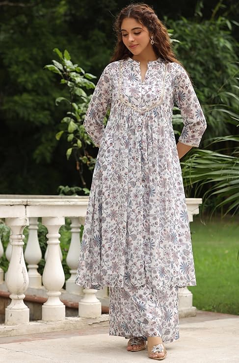 White Georgette Floral Printed A-Line Kurta with Palazzo and Dupatta Set