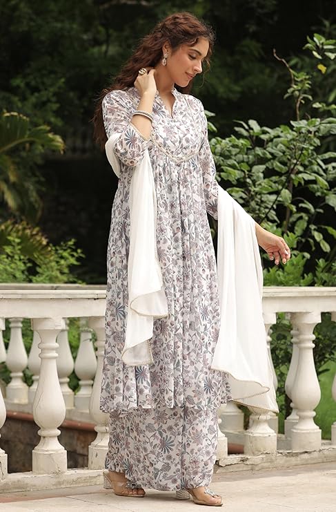 White Georgette Floral Printed A-Line Kurta with Palazzo and Dupatta Set