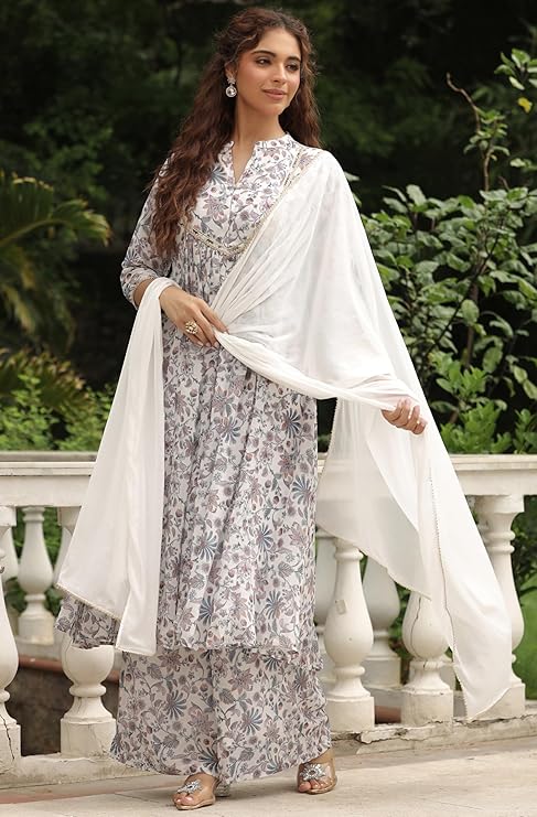 White Georgette Floral Printed A-Line Kurta with Palazzo and Dupatta Set