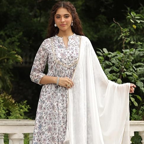 White Georgette Floral Printed A-Line Kurta with Palazzo and Dupatta Set