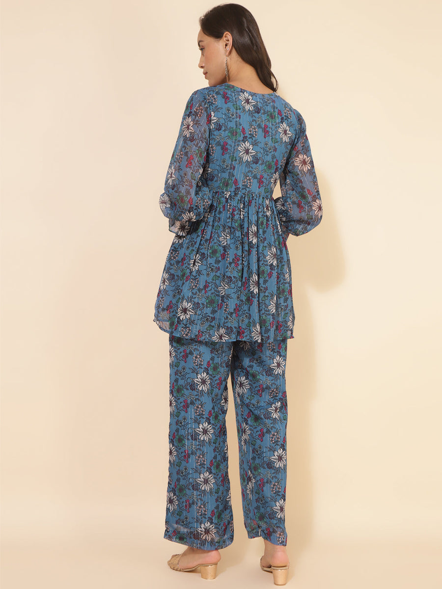Blue Chiffon Lurex Floral Printed Top with Pant