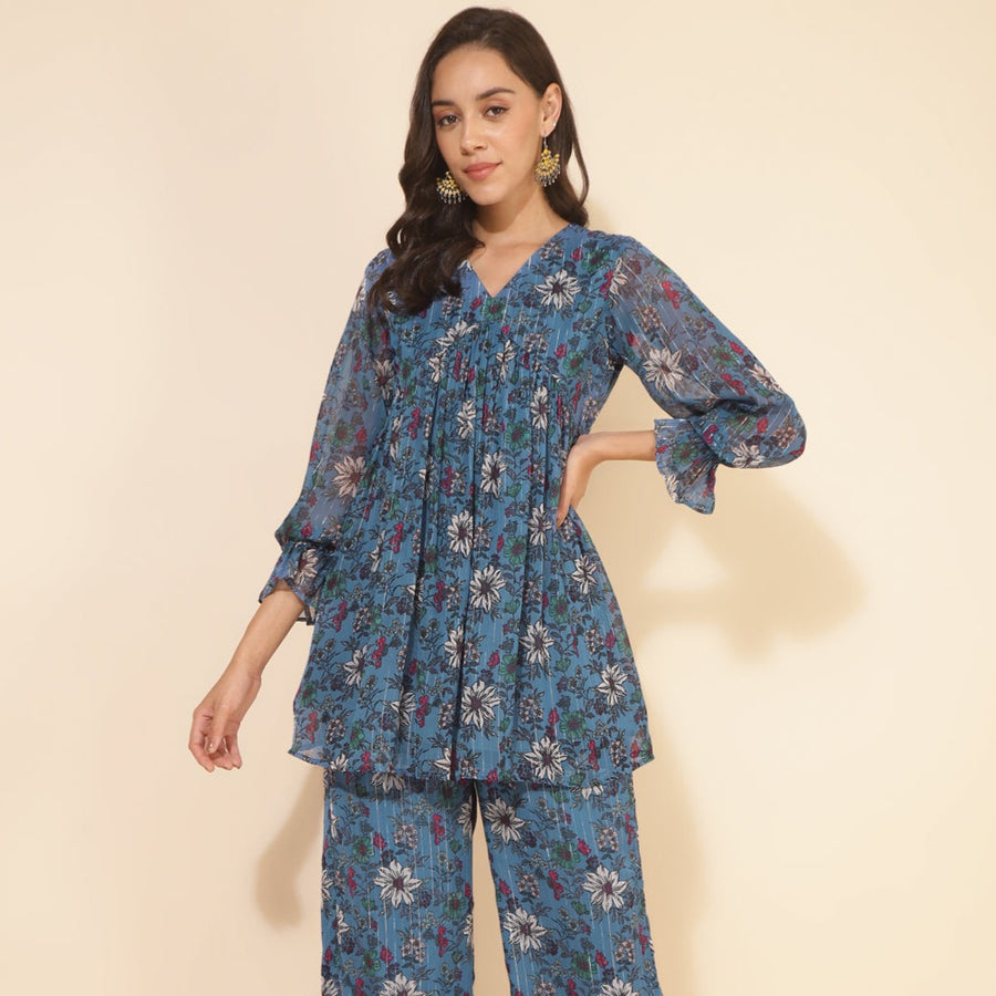 Blue Chiffon Lurex Floral Printed Top with Pant
