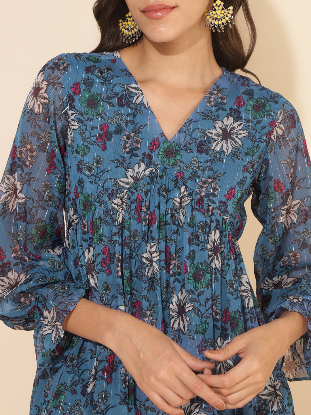 Blue Chiffon Lurex Floral Printed Top with Pant