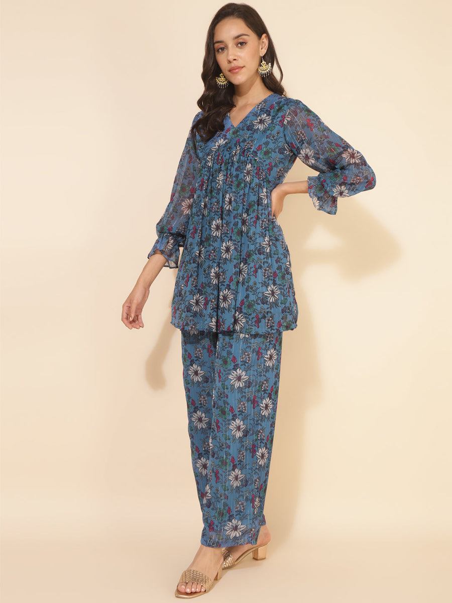 Blue Chiffon Lurex Floral Printed Top with Pant