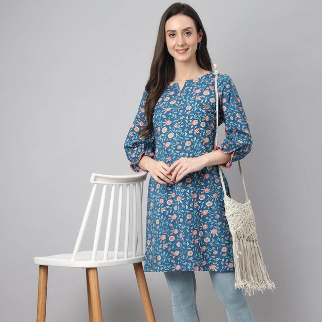 Blue Cotton Floral Print Regular Tunic