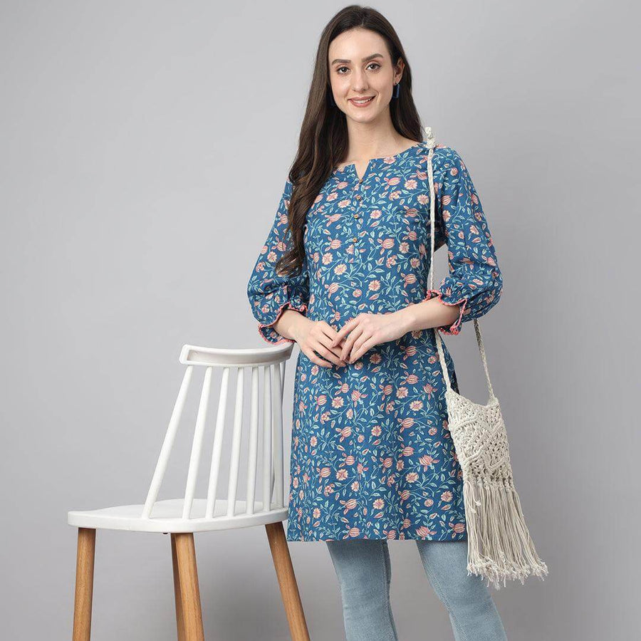 Blue Cotton Floral Print Regular Tunic