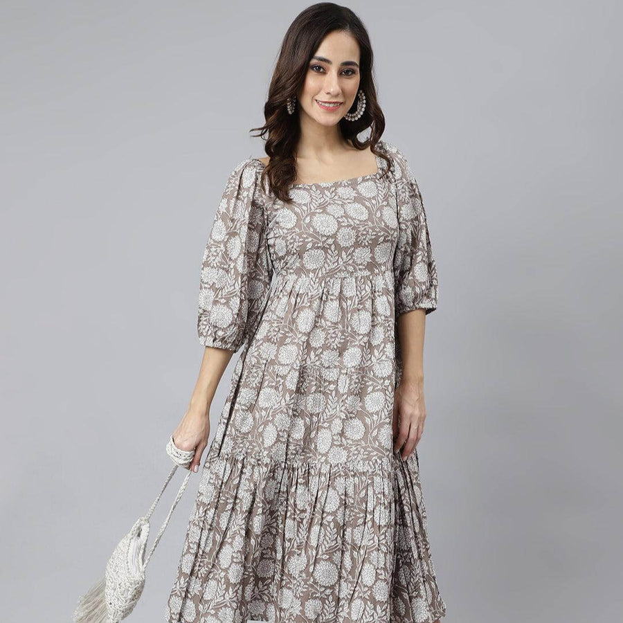 Grey Cotton Floral Print Flared Western Dress