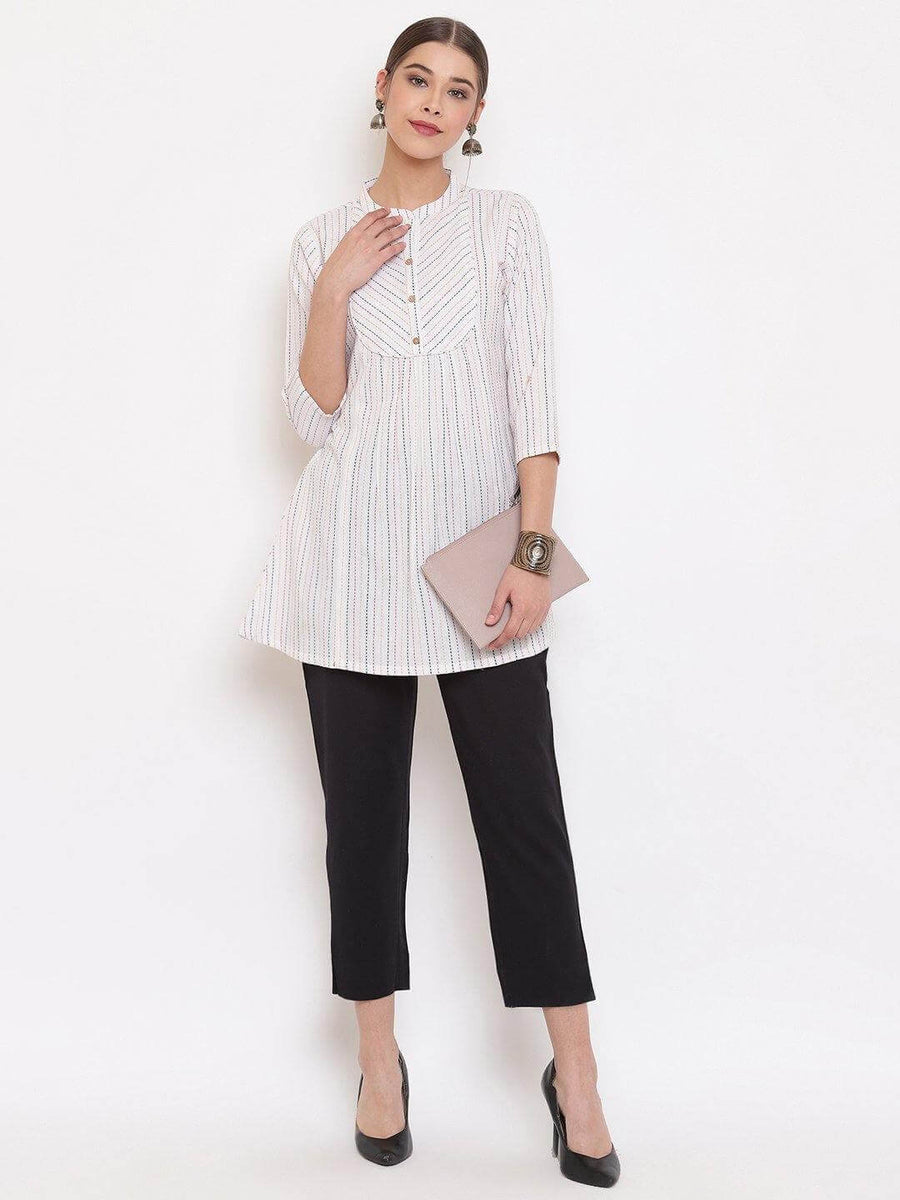 White Cotton Woven Design A-Line Top