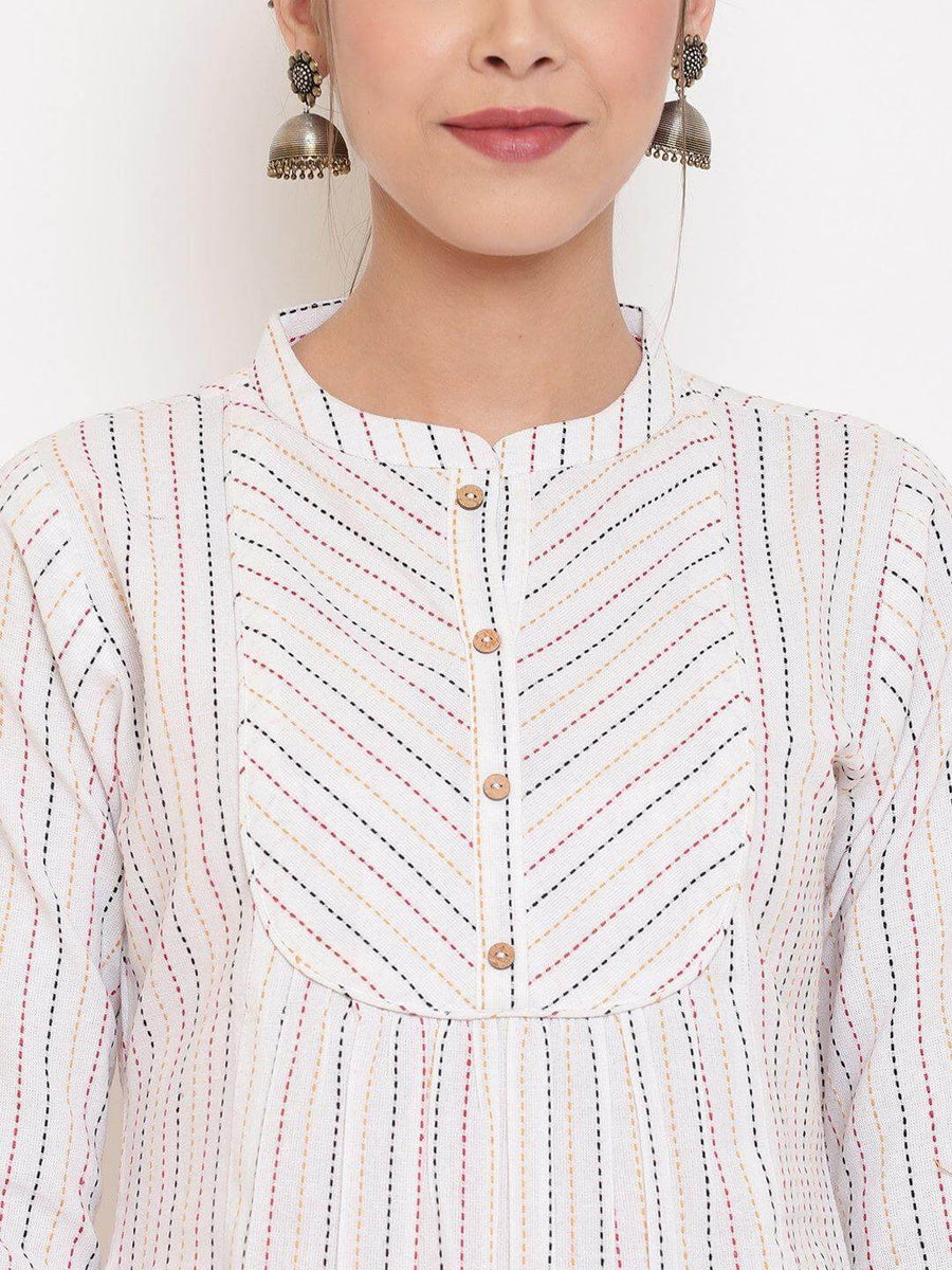White Cotton Woven Design A-Line Top
