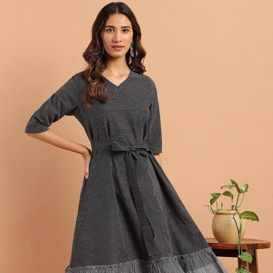 Black Cotton Striped Flared Western Dress