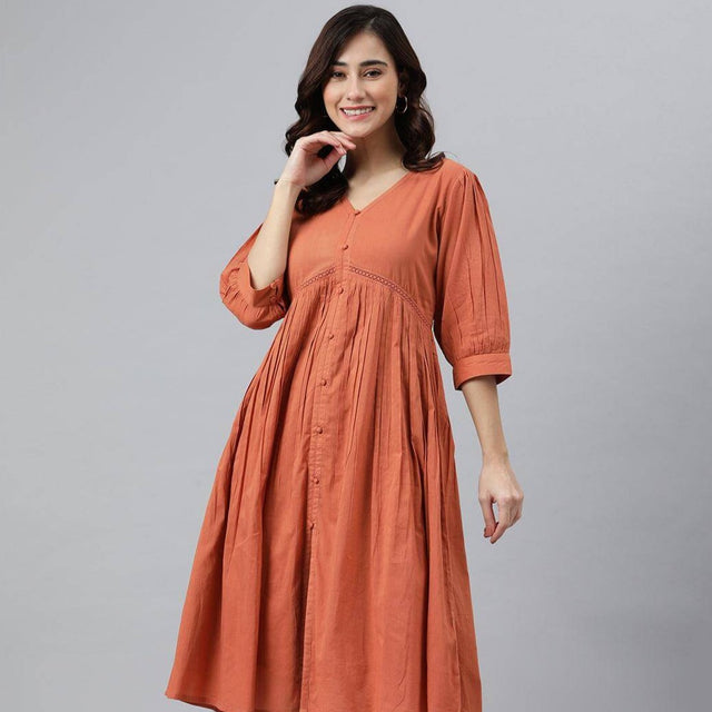 Coral Orange Cotton Solid Flared Western Dress