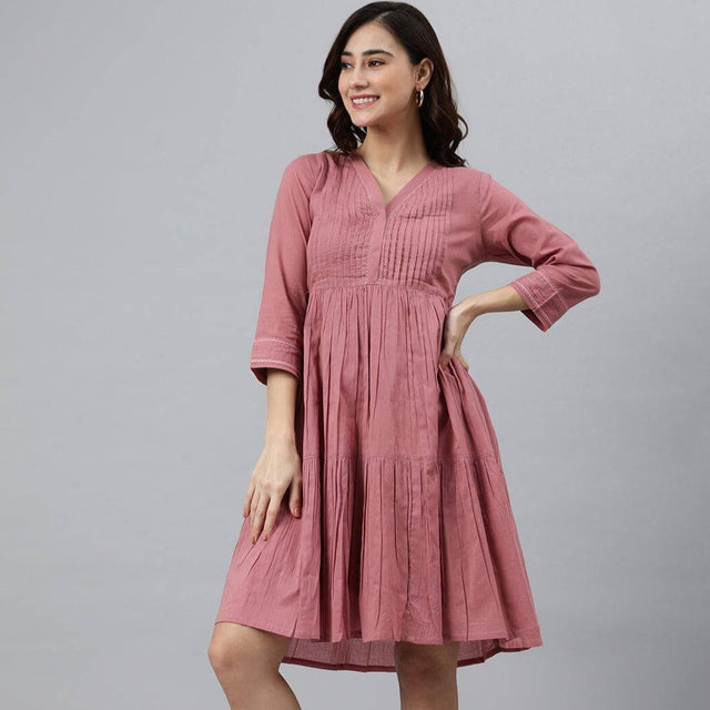 Coral Pink Cotton Solid Flared Western Dress