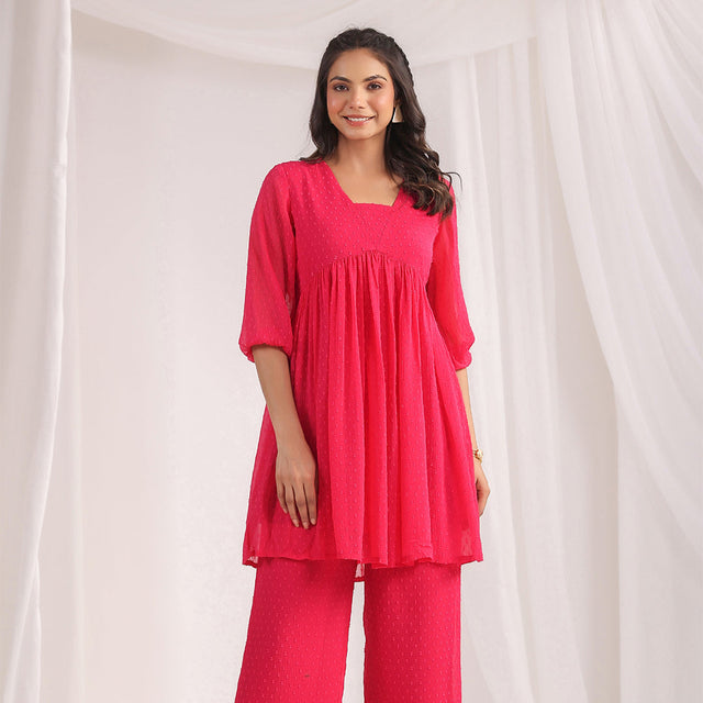 Pink Dobby Georgette Self Design Gathered Co-ord Set