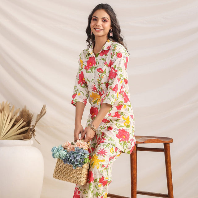 Off White Cotton Floral Regular Co-ord Set
