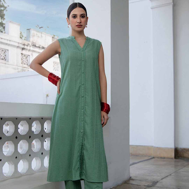 Sage Cotton Jacquard Self Design Straight Co-ord set