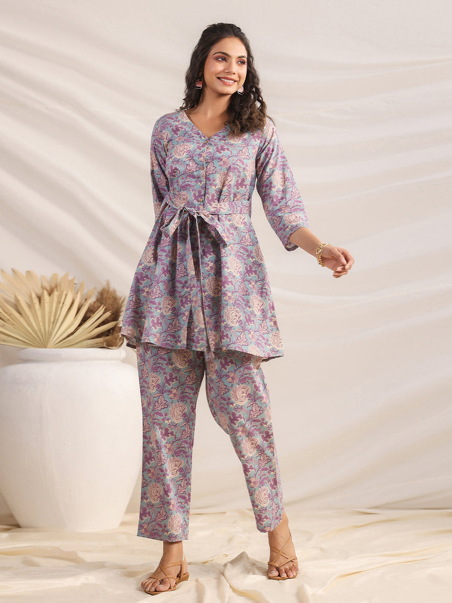 Light Blue Cotton Floral A-Line Co-ord Set