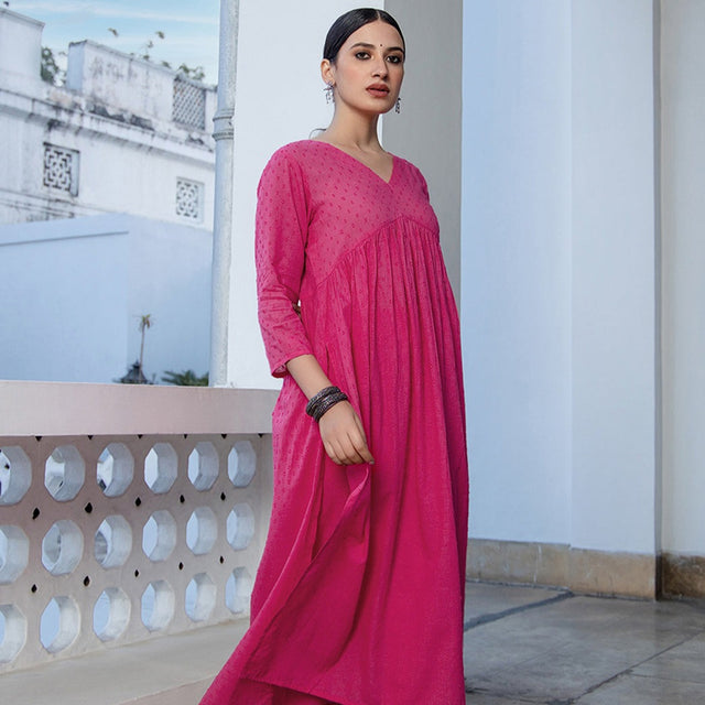 Pink Dobby Cotton Self Design Gathered Co-ord Set