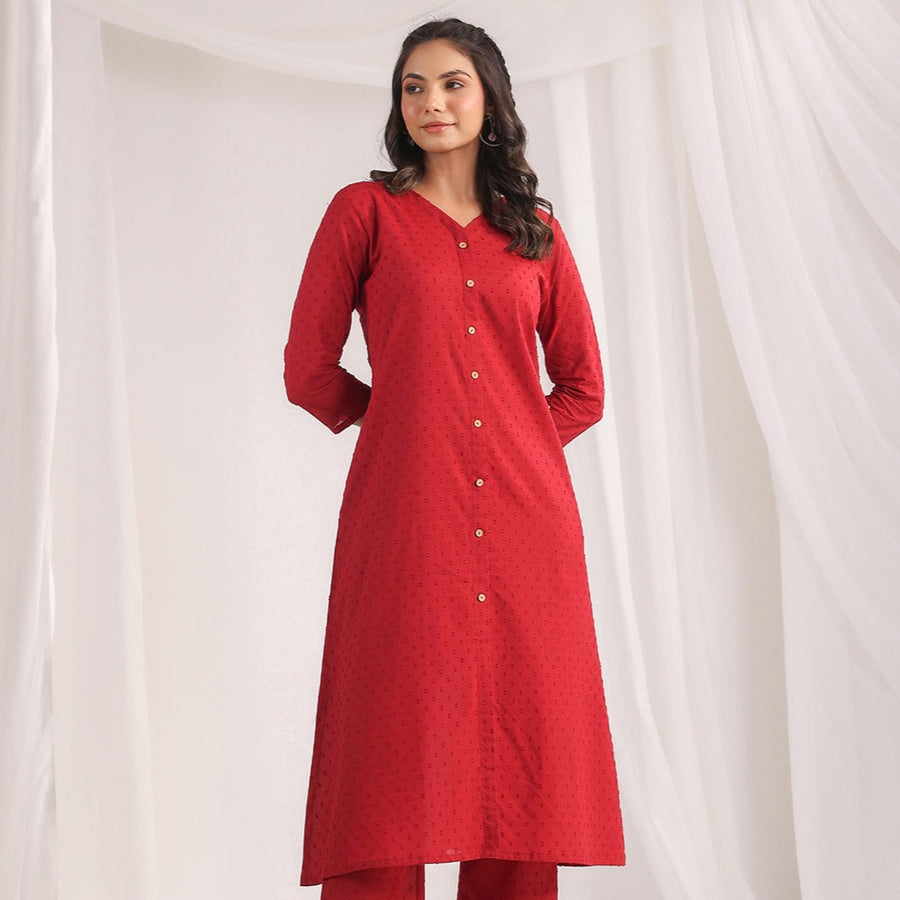 Maroon Dobby Cotton Self Design A-Line Co-ord Set