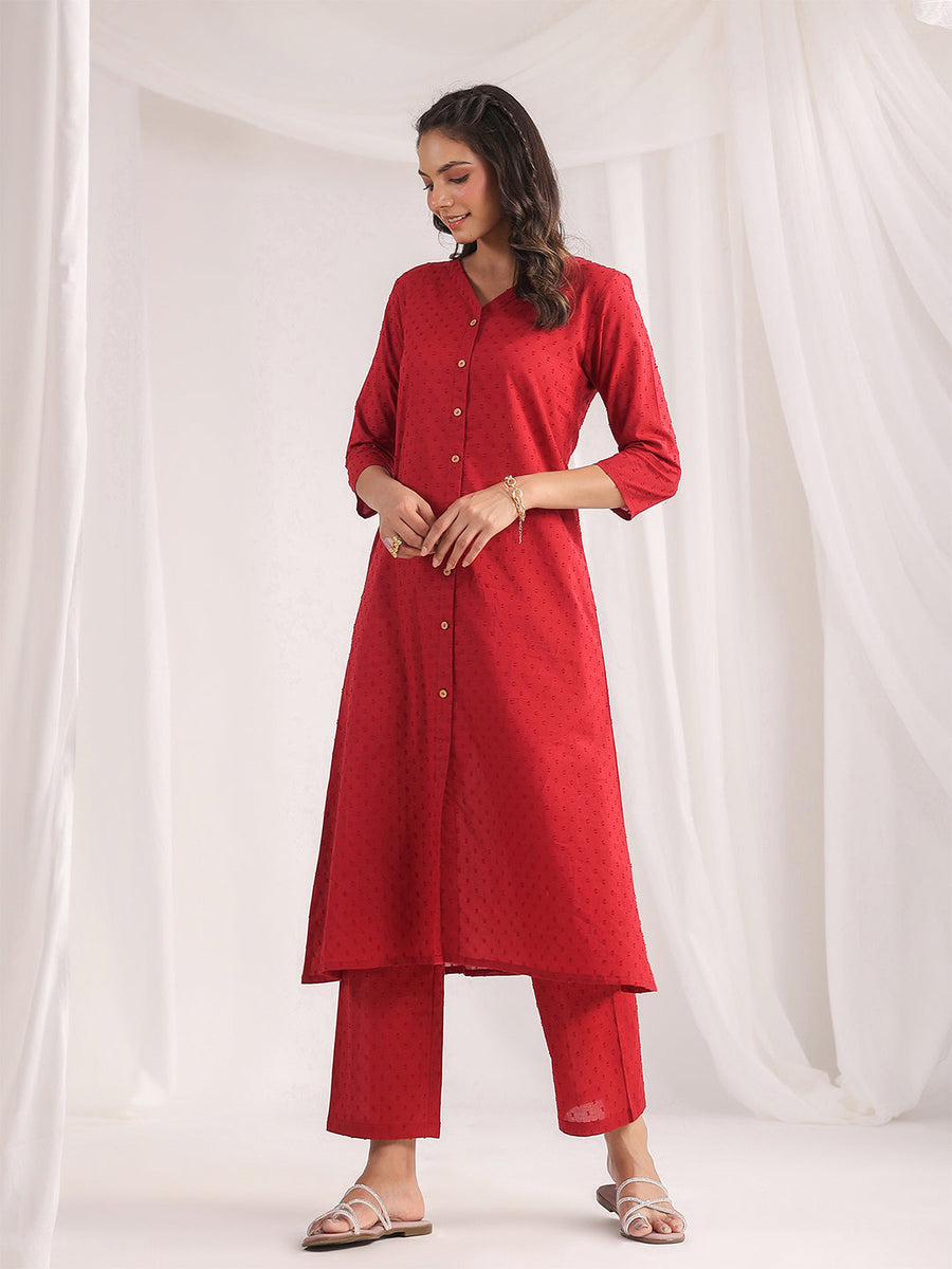 Maroon Dobby Cotton Self Design A-Line Co-ord Set