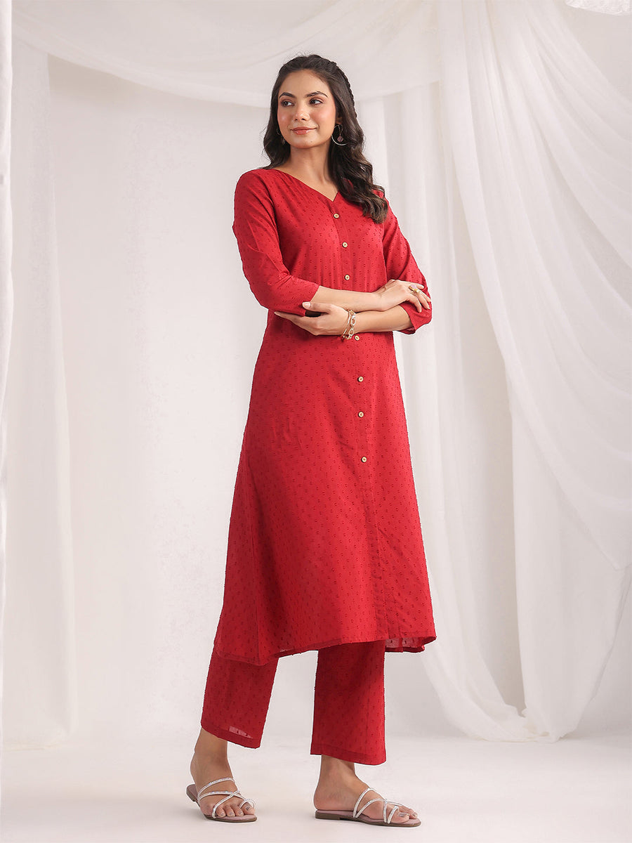 Maroon Dobby Cotton Self Design A-Line Co-ord Set