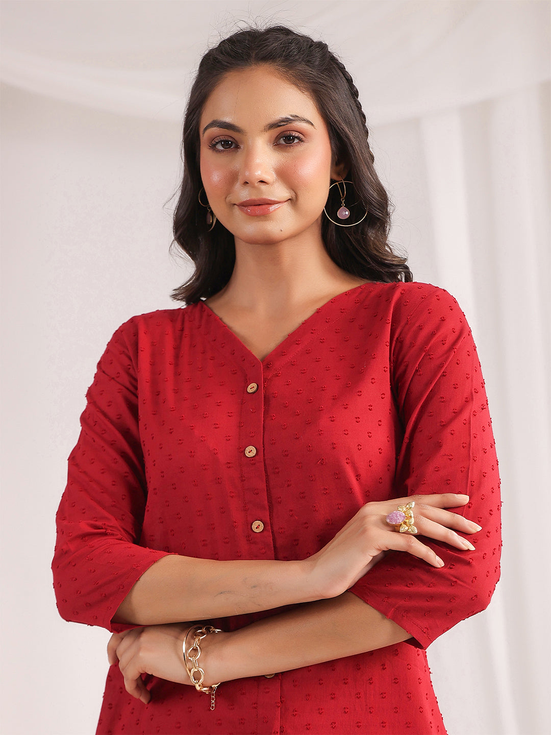 Maroon Dobby Cotton Self Design A-Line Co-ord Set