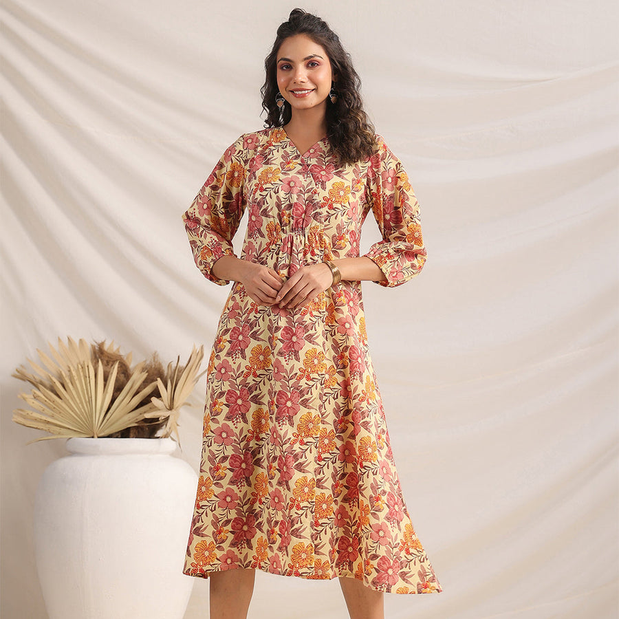 Yellow Cotton Floral Gathered Dress