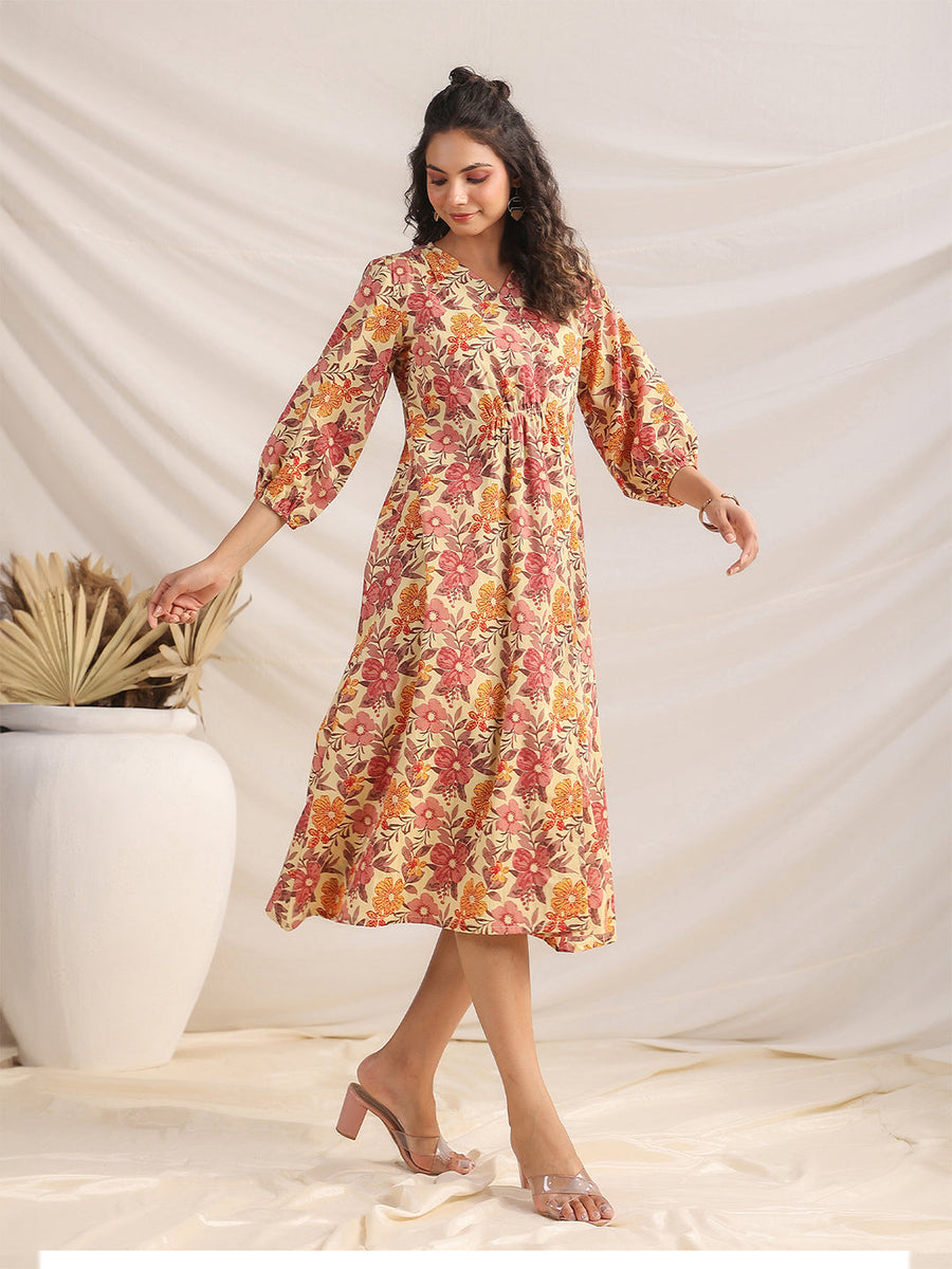 Yellow Cotton Floral Gathered Dress