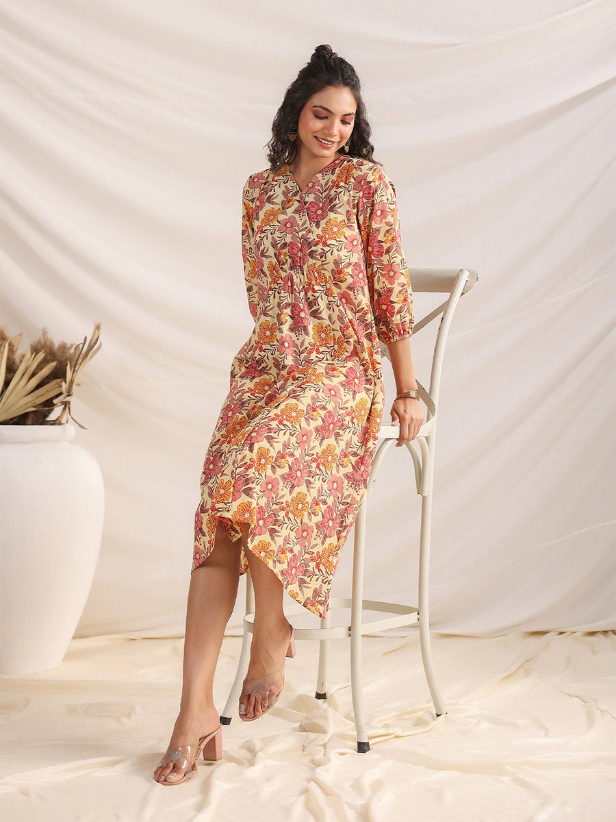 Yellow Cotton Floral Gathered Dress