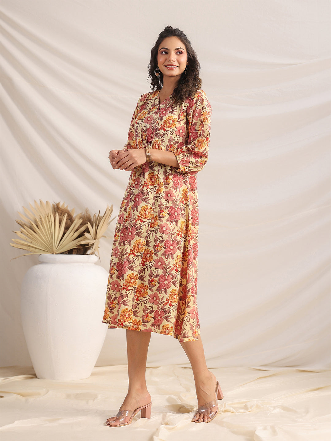 Yellow Cotton Floral Gathered Dress