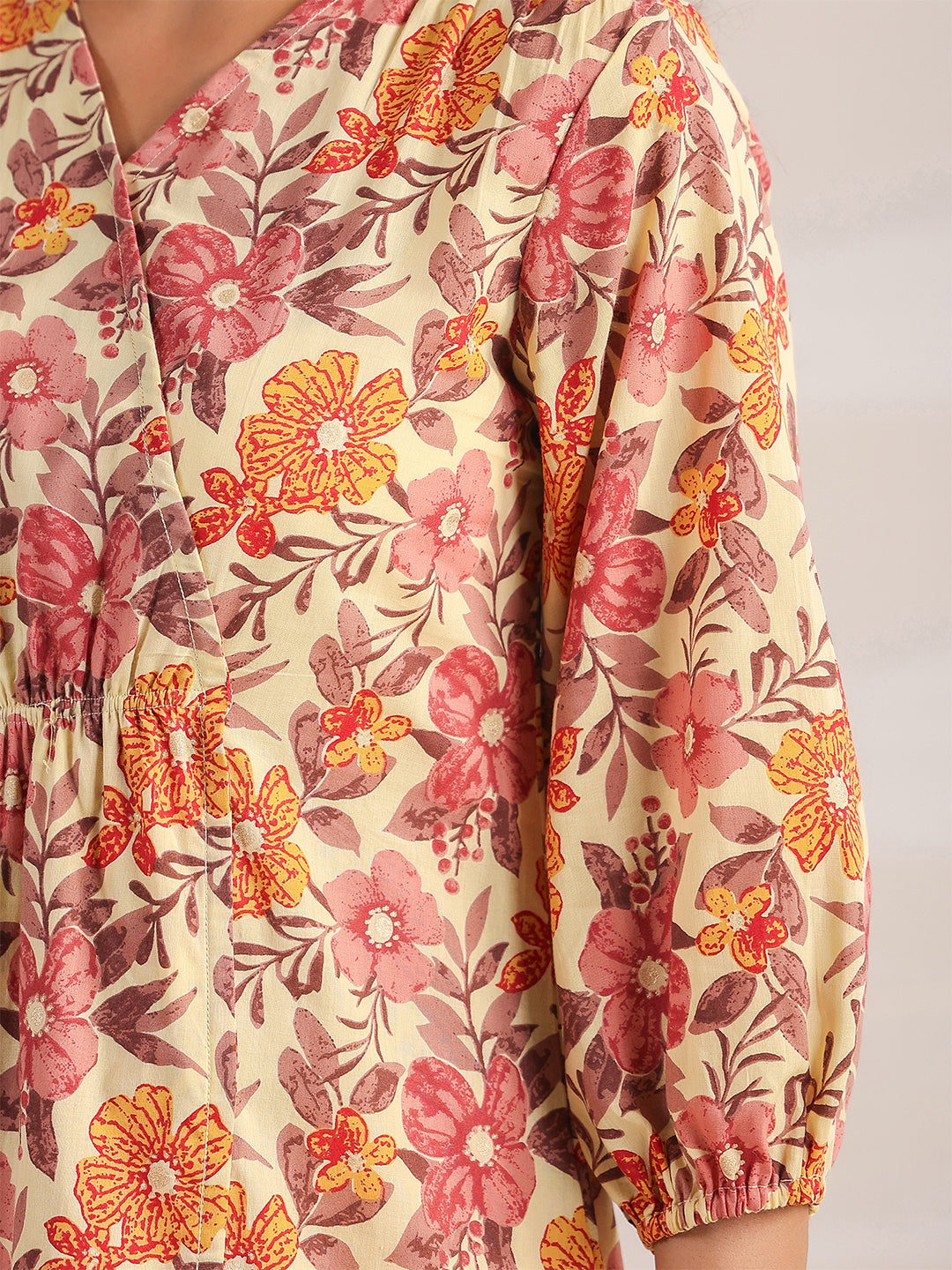 Yellow Cotton Floral Gathered Dress