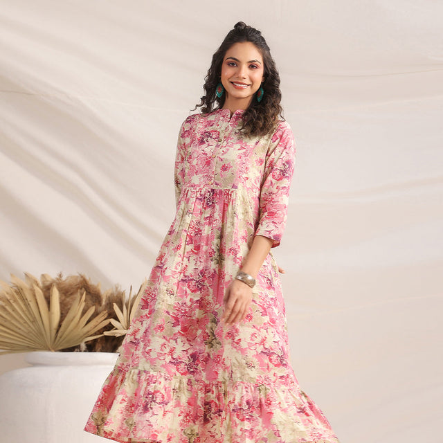 Pink Cotton Abstract Gathered Dress